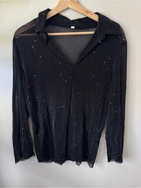 SHEIN Black mesh see through Sparkle V-Neck Long Sleeve Top with Collar
